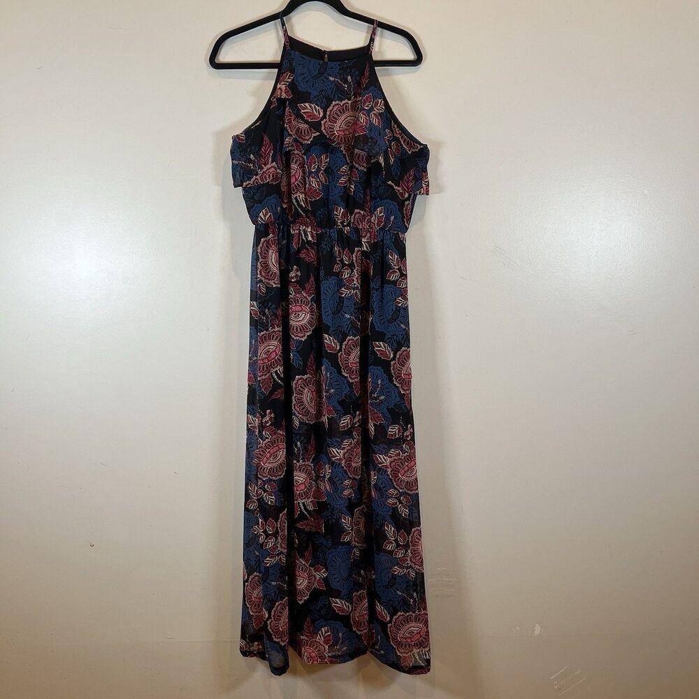 Iz Byer Halter Maxi Dress Blue Black PInk Floral LIned Chiffon L
